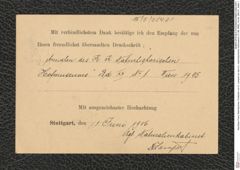 Nachlass Franz Steindachner, Postkarte von K. Lampert an das k.k. naturhistorische Hofmuseum (11.06.1906), Inv.Nr. 284.01, Seite 1